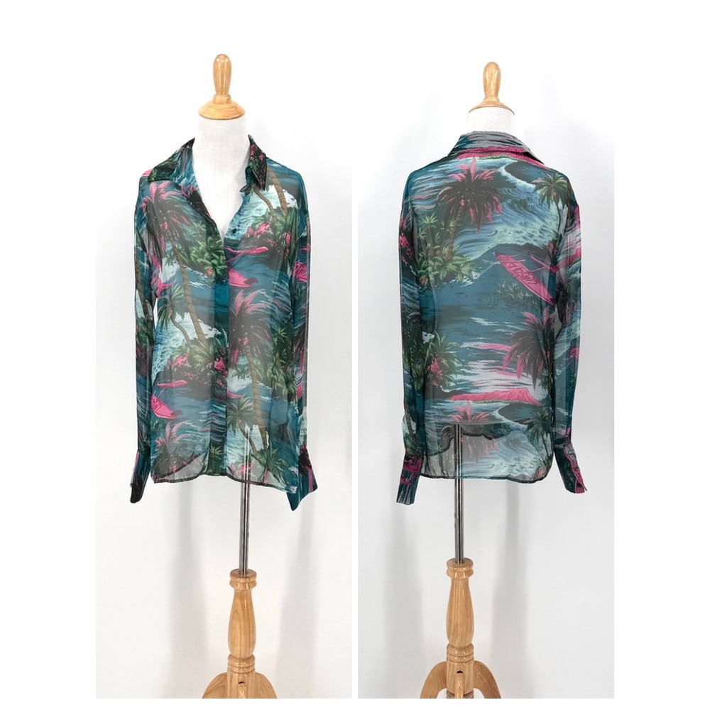 MSGM Button Up Blouse XL Blue Green Tropical Palm Sheer Chiffon Long Sleeve Top